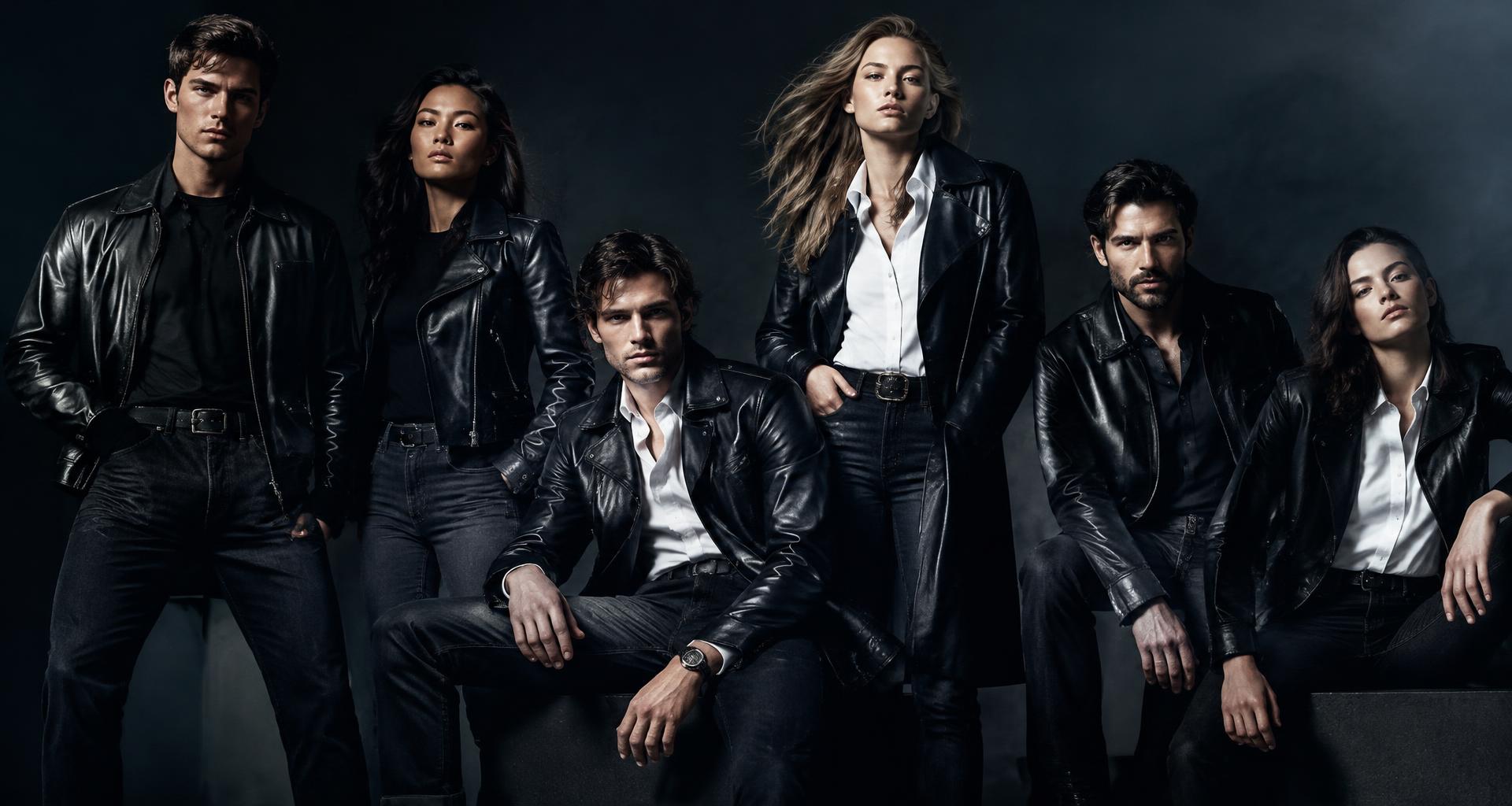 Gallani campaign — models in black leather coats, white shirts and dark jeans
