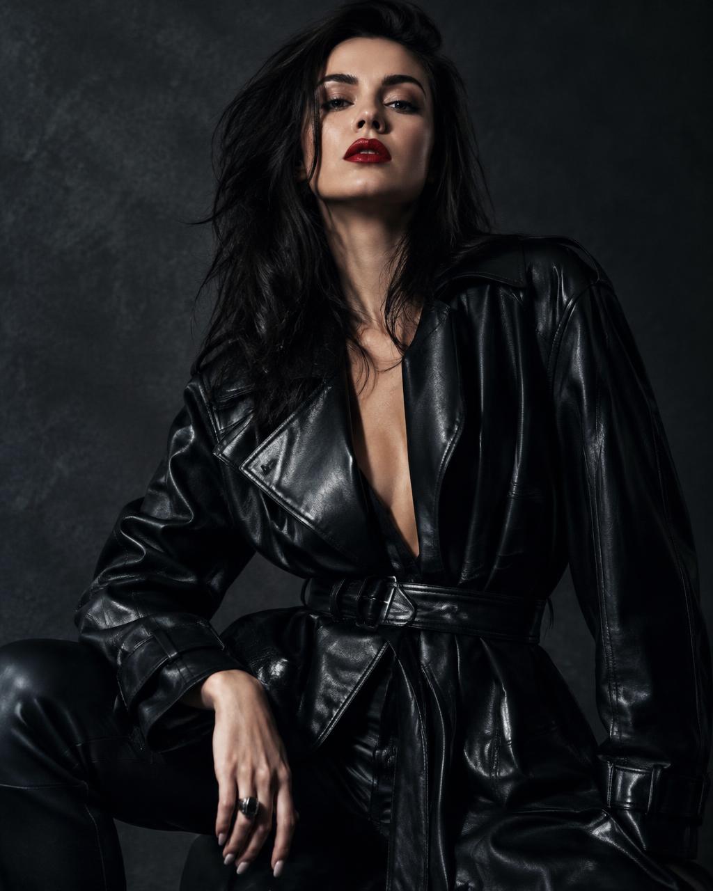Gallani campaign — model in a black leather coat with bold red lipstick
